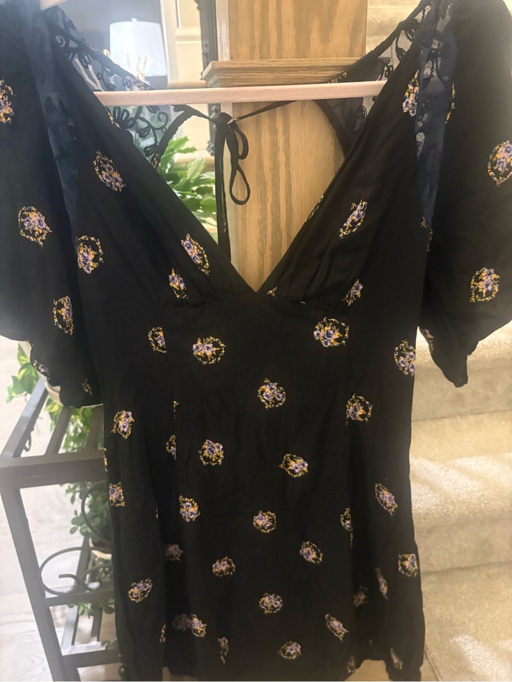 Free People Black Mini Dress with Yellow Floral Accents and Lace Trim
